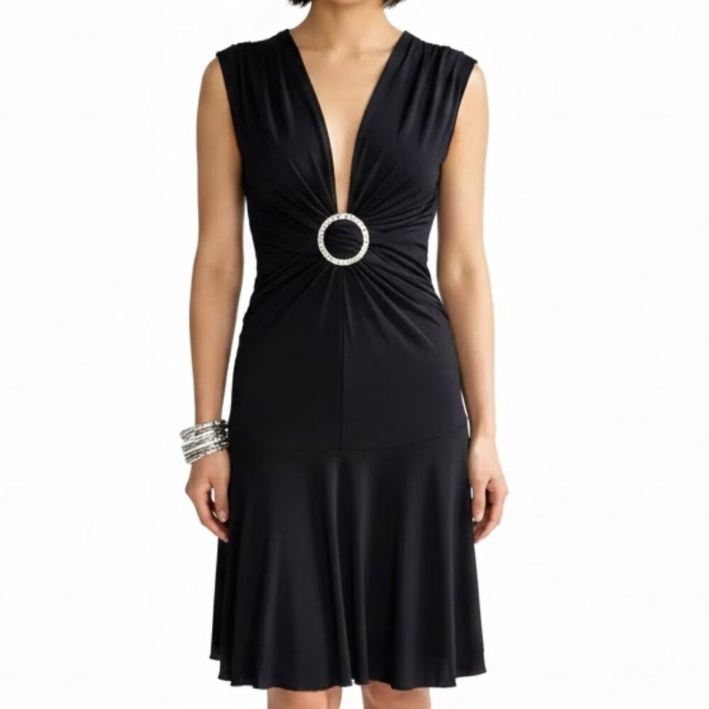 Vintage Y2K Sexy Little Black Dress Plunging Neckline with Rhinestone O ring